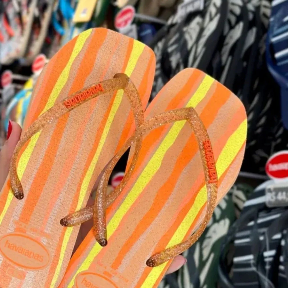 NWT Havaianas Slim Square Folia Flip Flops Glitter Striped Wom 9/10 Peach Orange - Picture 3 of 14